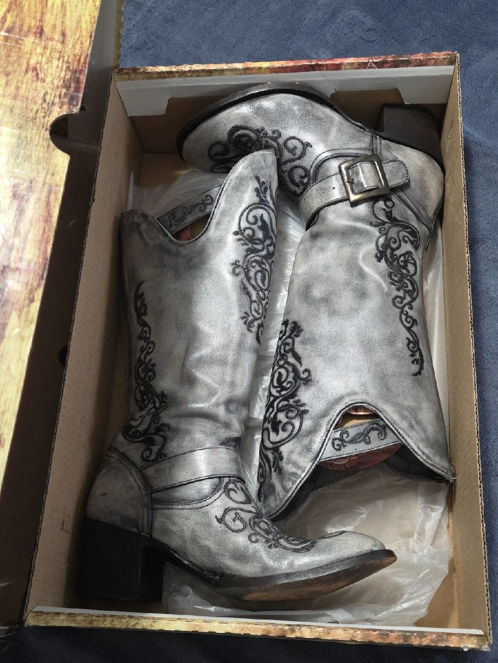 BOX KEPT-Old Gringo Gray with Black Embroidery Western Heeled Boots - Picture 1 of 9